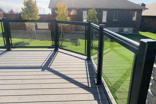 Glass railings on a deck in Brighton, Ontario